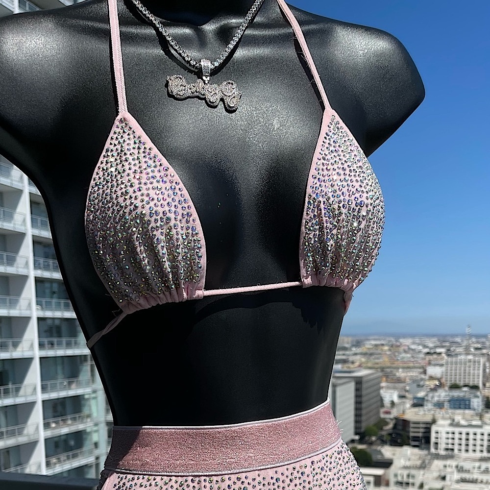Pink Rhinestone Bikini Top & Skirt Set